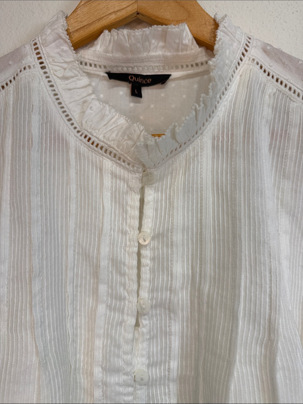 Quince White Cotton Ruffle Neck Swiss Dot Pintuck Victorian Cottage Top Large - Picture 3 of 8